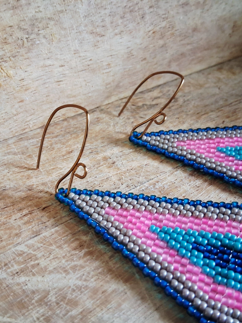 Boho Pink & Blue Seed Bead Fringe Earrings, 5.5" - Picture 3 of 8